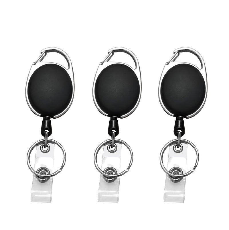 JIKIOU Retractable Badge Reel with Carabiner Belt Clip and Key Ring for ID Card Key Keychain Badge Holder Black 3 Pack - Image 1